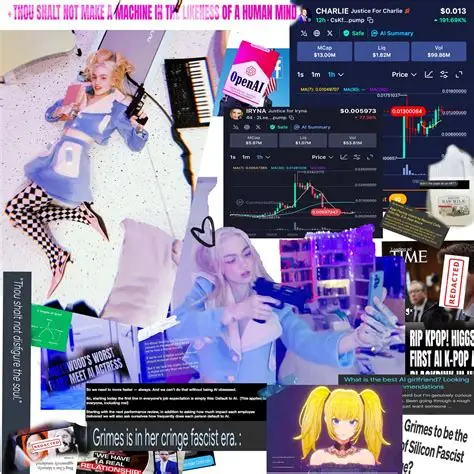 Grimes Artificial Angels cover art — a digital collage featuring Grimes surrounded by AI headlines, crypto charts, and apocalyptic imagery.