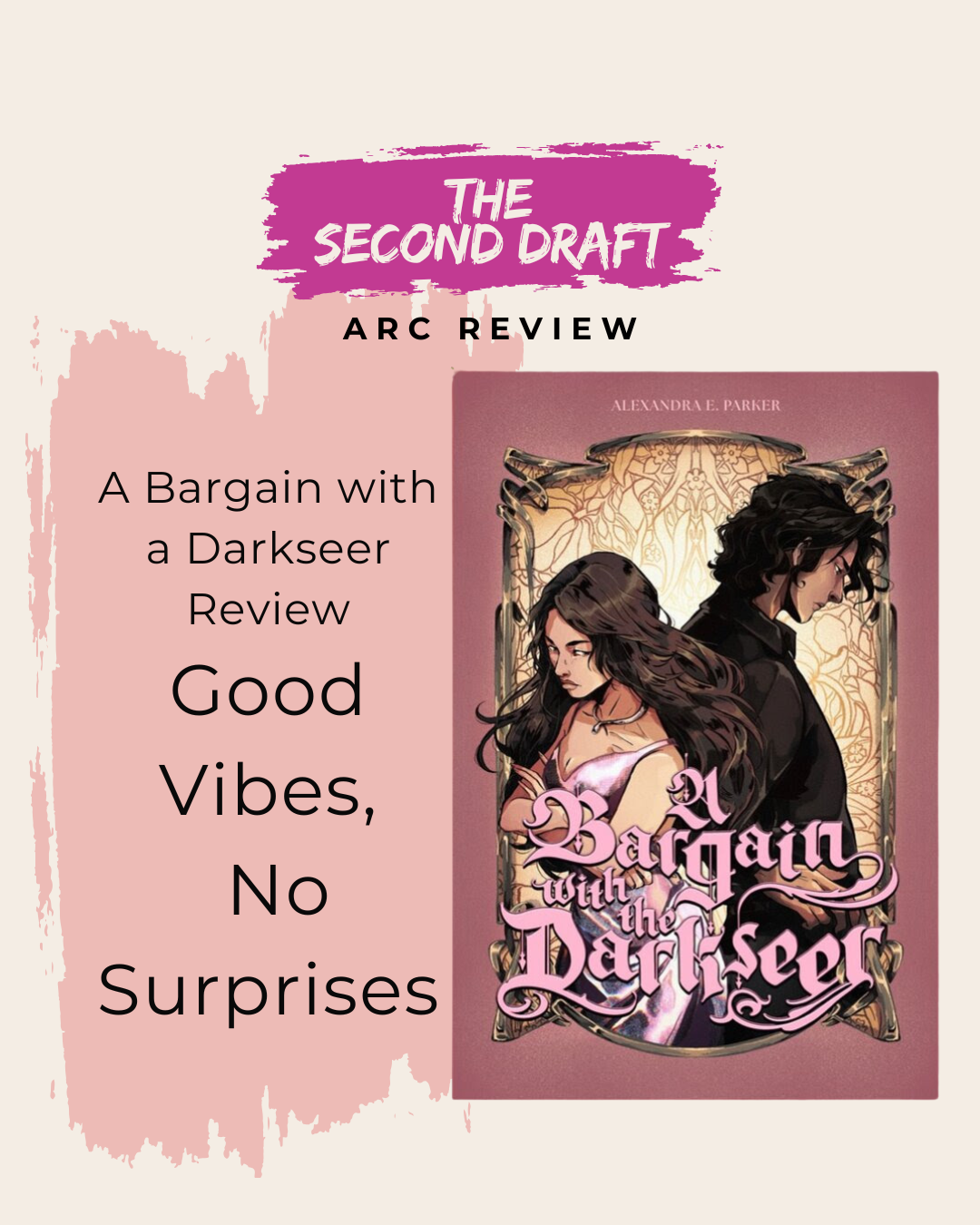 Featured image for A Bargain with a Darkseer review showing book cover with text “Good Vibes, No Surprises” on a soft pink background