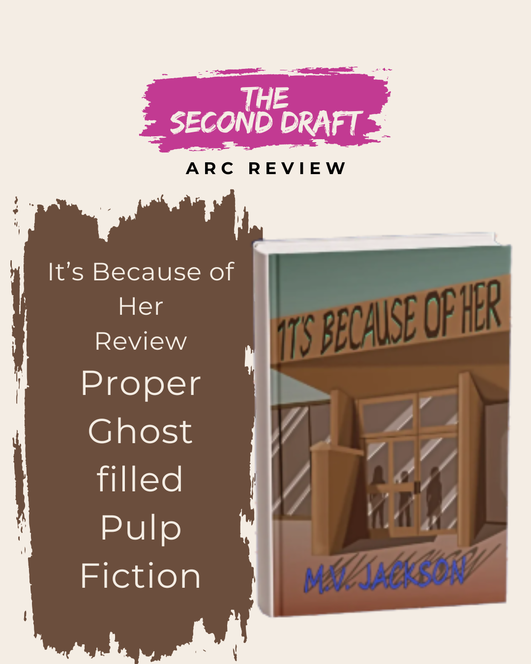 Graphic for It’s Because of Her ARC review from The Second Draft blog. Beige background with pink brushstroke logo at the top. The book cover appears beside brown paint-style text reading “Proper Ghost filled Pulp Fiction.” The cover shows a stylised building entrance with shadowy figures and retro thriller styling.