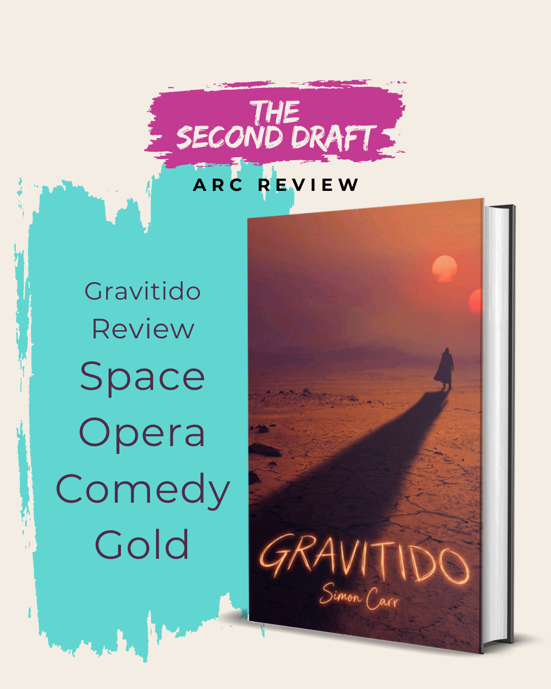 Gravitido book review graphic with 5-star rating, sci-fi cover art, and quote describing it as a humorous space opera inspired by Dune, Star Wars, and Airplane.