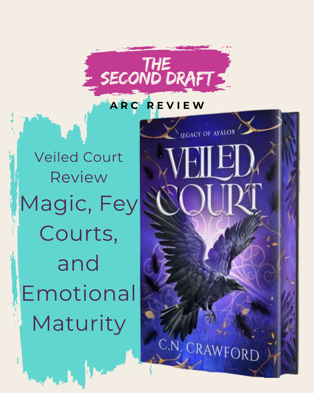 The Second Draft ARC review graphic for Veiled Court featuring the fantasy book cover with purple raven artwork and text describing it as a mature romantasy.