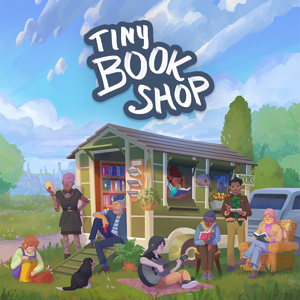 Official artwork for cosy indie game Tiny Bookshop showing a travelling second-hand bookshop parked in a peaceful countryside setting. A group of diverse readers relax around the mobile bookshop reading novels, playing guitar and enjoying the outdoors beneath a painted blue sky with soft clouds and warm pastel colours.